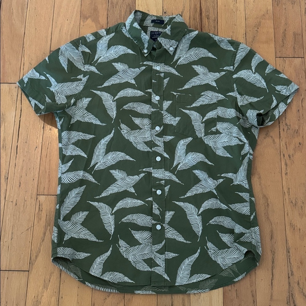 JCREW | Olive Green Leaf Print Button Down | Slim Fit | Size M | Flex Washed